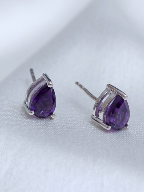 

HIFLYER JEWELS Purple & Silver Rhodium-Plated Teardrop Shaped Studs Earrings