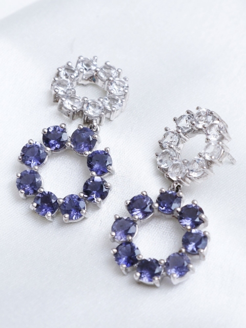 

HIFLYER JEWELS Blue & White Rhodium-Plated Topaz Studded Drop Earrings