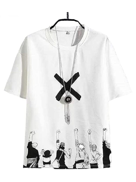

Rodzen Men White & Black Printed Drop-Shoulder Sleeves Pure Cotton Loose T-shirt