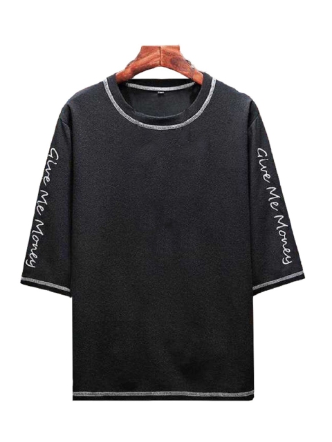 

Rodzen Men Black Typography Printed Drop-Shoulder Sleeves Pure Cotton Loose T-shirt