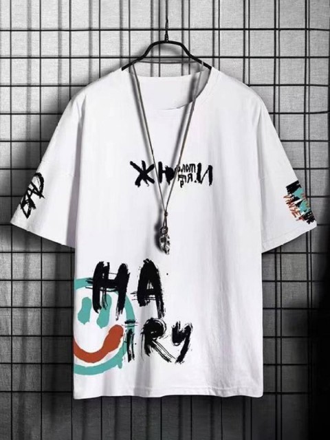 

Rodzen Men White & Black Printed Drop-Shoulder Sleeves Loose T-shirt