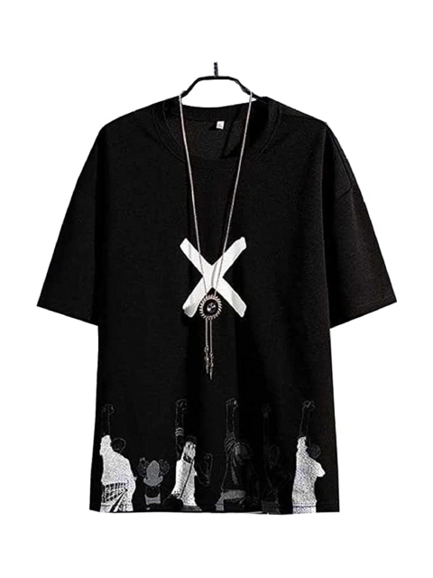 

Rodzen Men Black & White Printed Drop-Shoulder Sleeves Pure Cotton Loose T-shirt