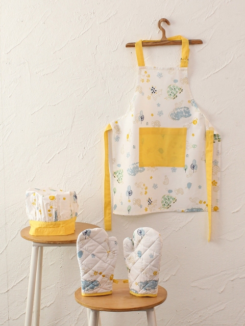 

House This White & Yellow Printed Pure Cotton Apron With Hat & Gloves