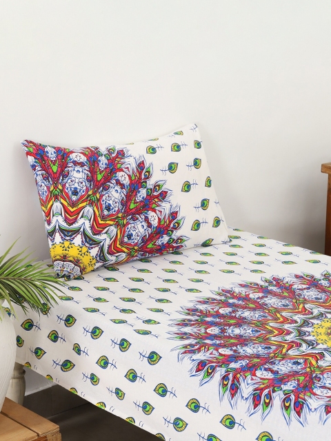 

HANDICRAFT PALACE White 144 TC Mandala Cotton Single Bedsheet With 1 Pillow Cover