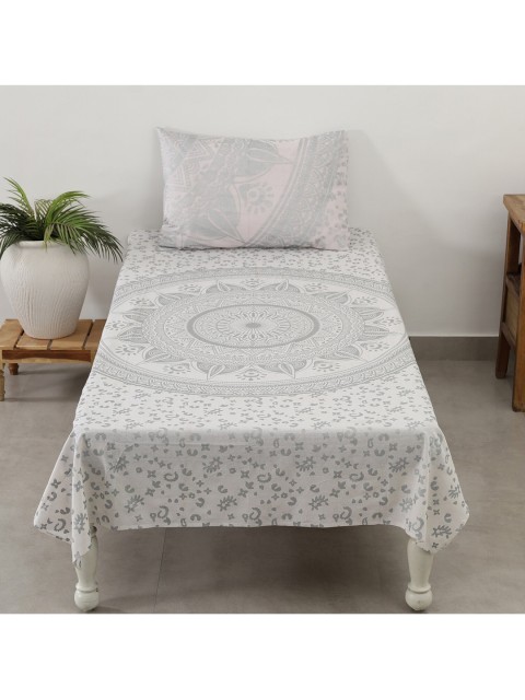 

HANDICRAFT PALACE Silver Toned 144 TC Mandala Cotton Single Bedsheet With 1 Pillow Cover