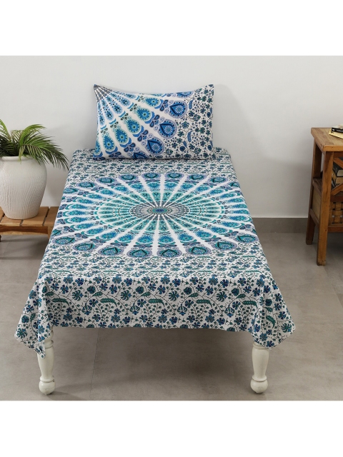 

HANDICRAFT PALACE White & Blue Ethnic Motifs 144 TC Single Bedsheet with 1 Pillow Covers