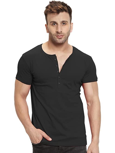 

Rodzen Men Black Henley Neck Pure Cotton T-shirt