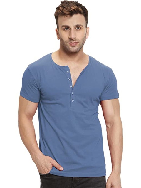 

Rodzen Men Blue Henley Neck Pure Cotton T-shirt