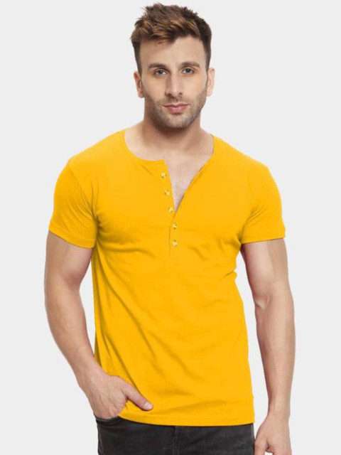 

Rodzen Men Yellow Henley Neck Pure Cotton T-shirt