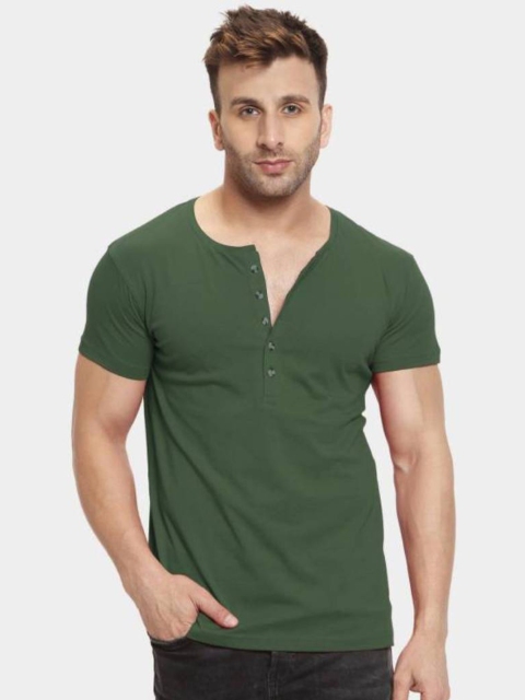 

Rodzen Men Olive Green Henley Neck Pure Cotton T-shirt