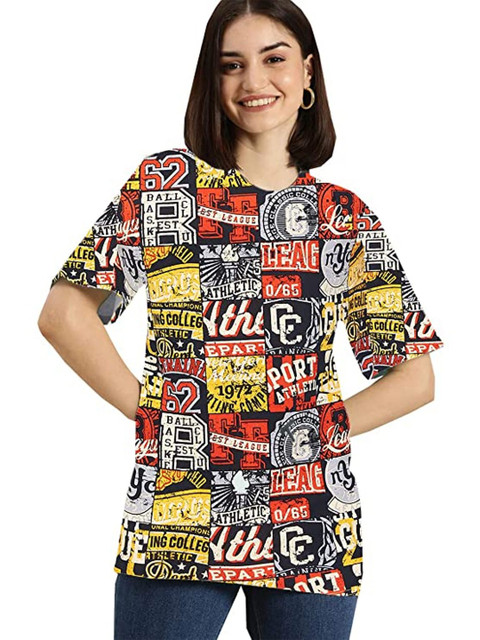 

Rodzen Women Red & Yellow Typography Printed Pure Cotton T-shirt