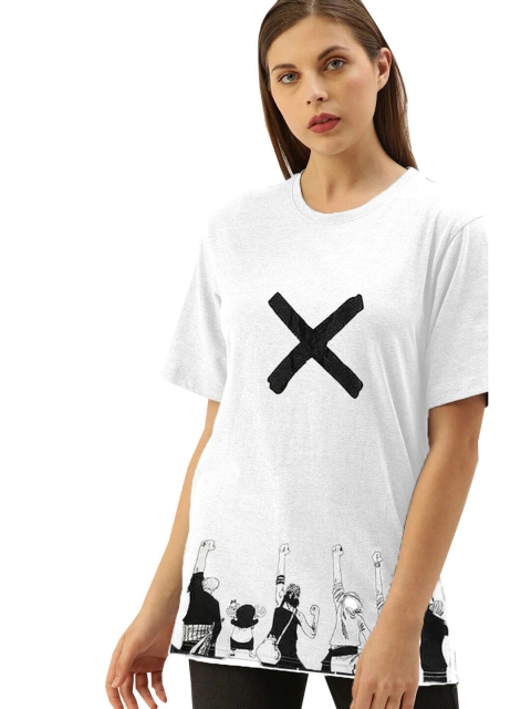 

Rodzen Women White & Black Printed Pure Cotton Loose T-shirt
