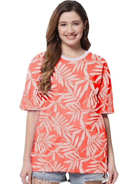 

Rodzen Women Red Floral Printed Drop-Shoulder Sleeves Tropical Pure Cotton Raw Edge Loose T-shirt