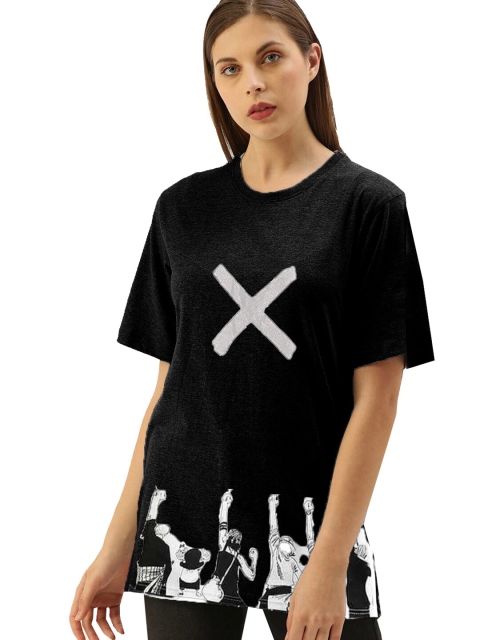 

Rodzen Women Black & White Printed Pure Cotton Raw Edge Loose T-shirt