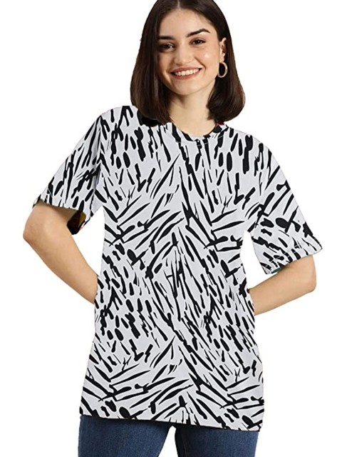 

Rodzen Women White & Black Printed Pure Cotton Loose T-shirt