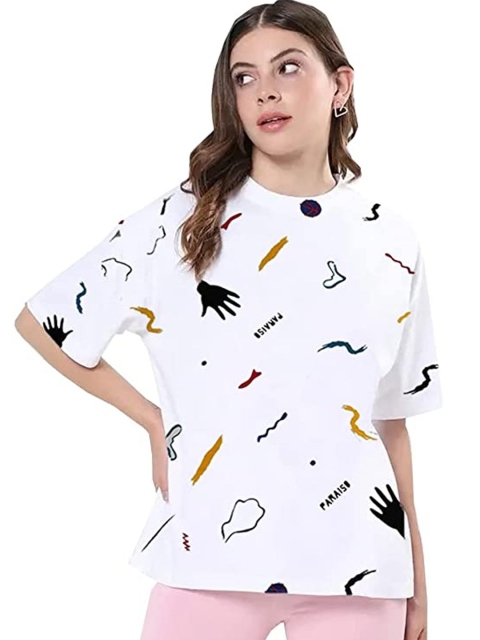 

Rodzen Women White & Black Printed Extended Sleeves Pure Cotton Loose T-shirt
