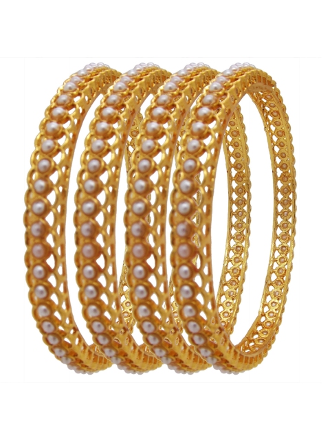 

FEMMIBELLA Set Of 4 Gold-Plated & White Pearls-Beaded Kada Bangles