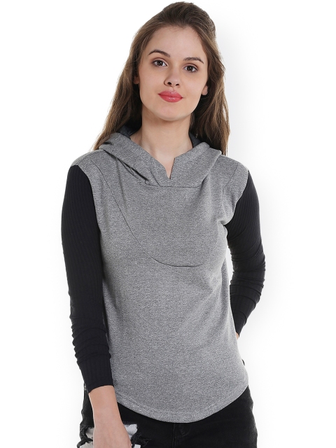 

Campus Sutra Women Grey & Black Solid Hooded Sweatshirt