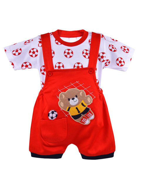 

Wish Karo Unisex Kids Red & White Printed T-shirt with Dungaree