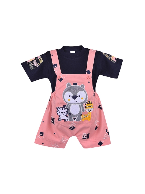 

Wish Karo Boys Peach-Coloured & Navy Blue Printed T-shirt with Dungaree