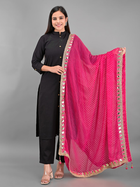 

Apratim Red & Gold-Toned Striped Leheriya Dupatta with Gotta Patti