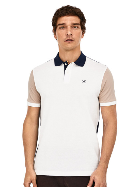 

HACKETT LONDON Men Cream-Coloured & Navy Blue Colourblocked Polo Collar Pure Cotton T-shirt