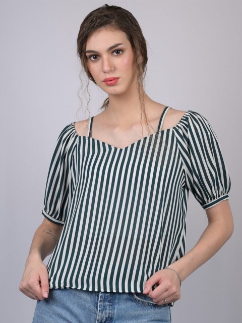 

OWO THE LABEL Teal & White Striped Sweetheart Neck Top