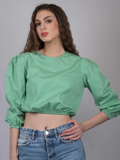 

OWO THE LABEL Green Geometric Print Blouson Crop Top
