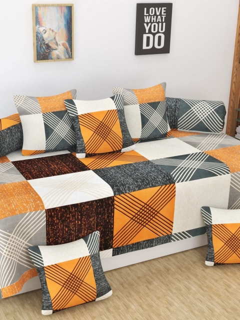 

MODEFE Set Of 8 Orange & White Printed Cotton Diwan Set
