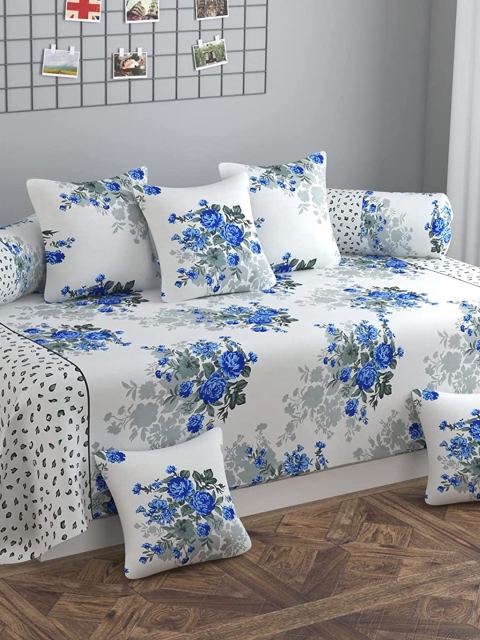 

MODEFE Set of 8 White & Blue Printed Cotton Bedsheet With Bolster & Cushion Covers