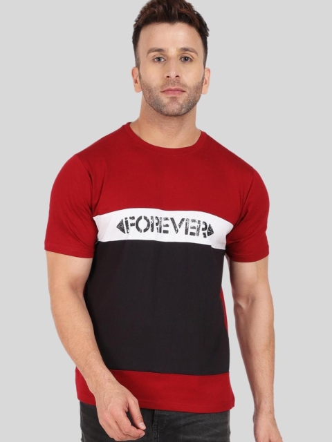 DEZANO Men Maroon & Black Cotton Colourblocked T-shirt