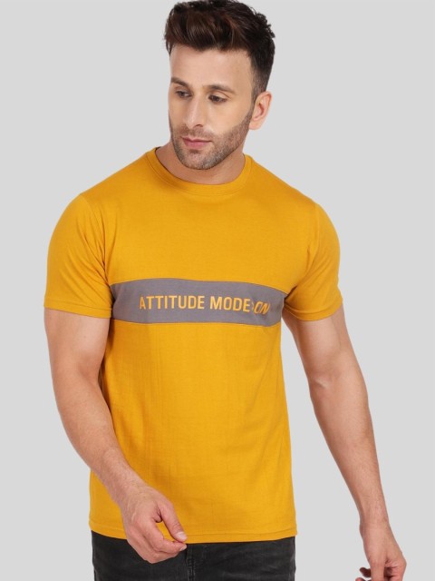 

DEZANO Men Yellow & Grey Cotton Typography Printed T-shirt