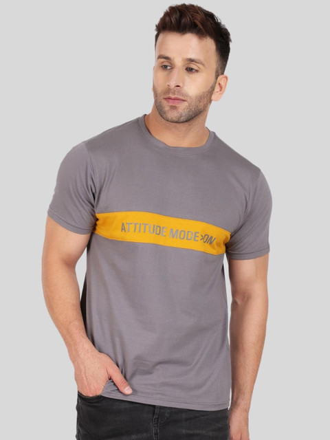 

DEZANO Men Grey & Mustard Yellow Typography Printed T-shirt