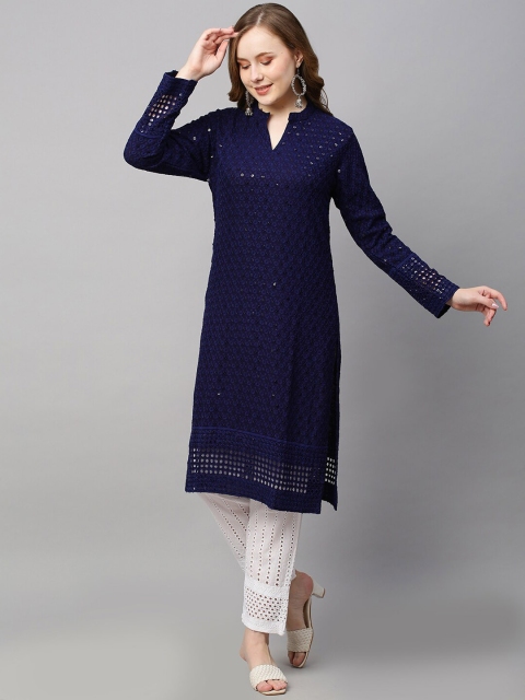 

POONAM DESIGNER Women Navy Blue Floral Embroidered Chikankari Kurta with Trousers