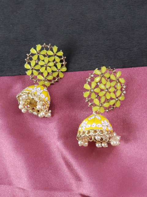

Krelin Yellow & White Dome Shaped Gold-Plated Jhumkas Earrings