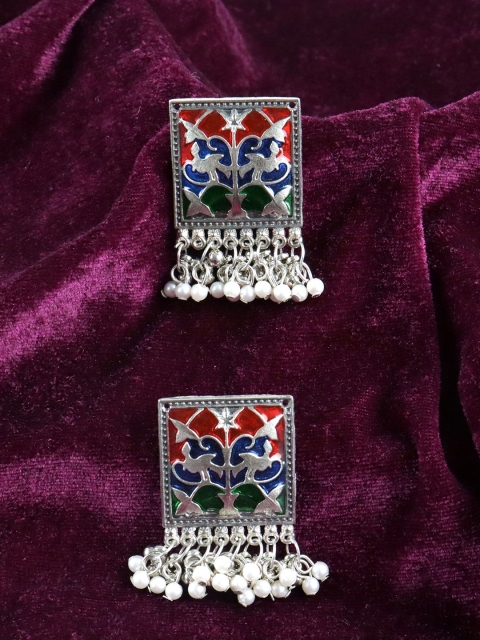 

Krelin Women Brass-Plated & Red Square Drop Earrings, Silver