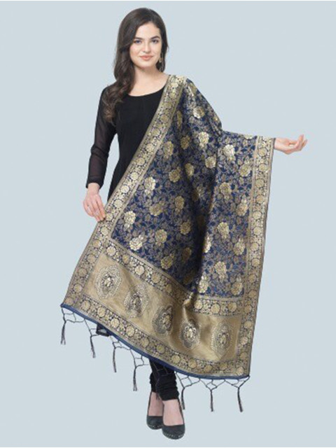 

MORLY Women Navy Blue & Gold-Toned Woven Design Cotton Silk Dupatta with Zari
