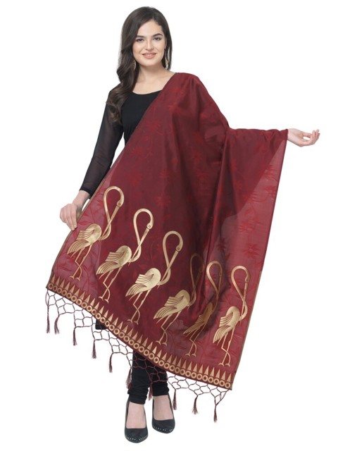 

MORLY Maroon & White Woven Design Cotton Silk Foil Print Dupatta