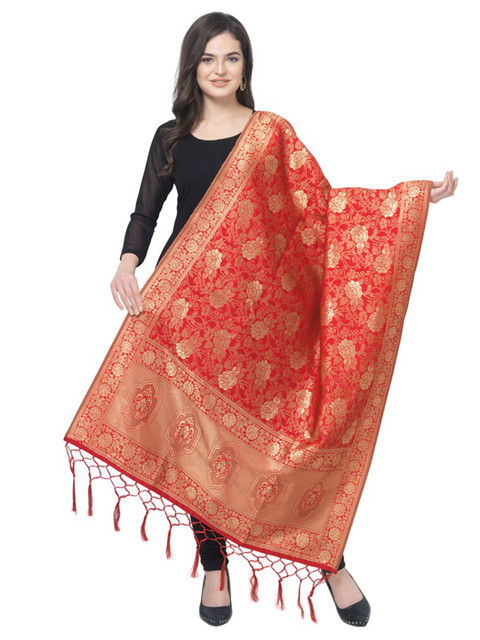 

MORLY Women Red & Gold-Toned Woven Design Cotton Silk Dupatta with Zari