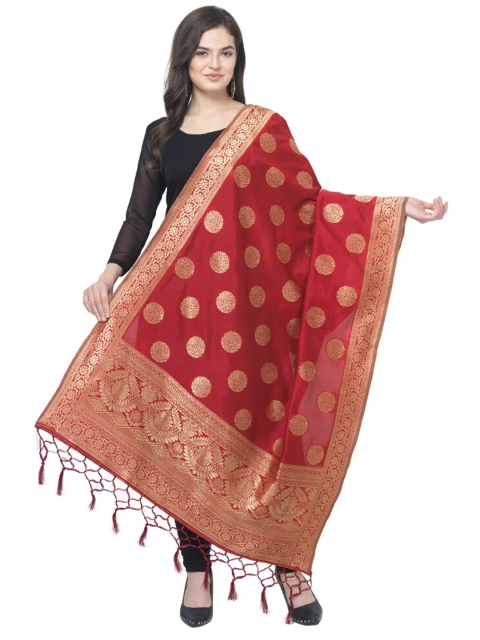 

MORLY Red & Gold-Toned Woven Design Cotton Silk Dupatta with Zari