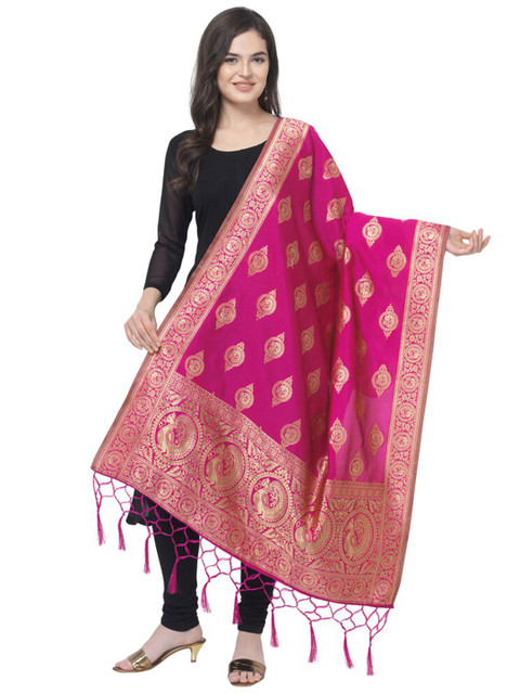 

MORLY Women Pink & Gold-Toned Woven Design Cotton Silk Dupatta
