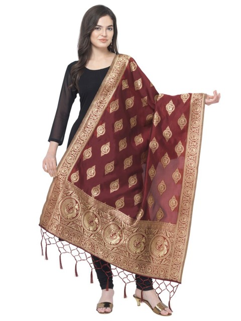 

MORLY Women Maroon & Gold Woven Design Banarasi Silk Dupatta