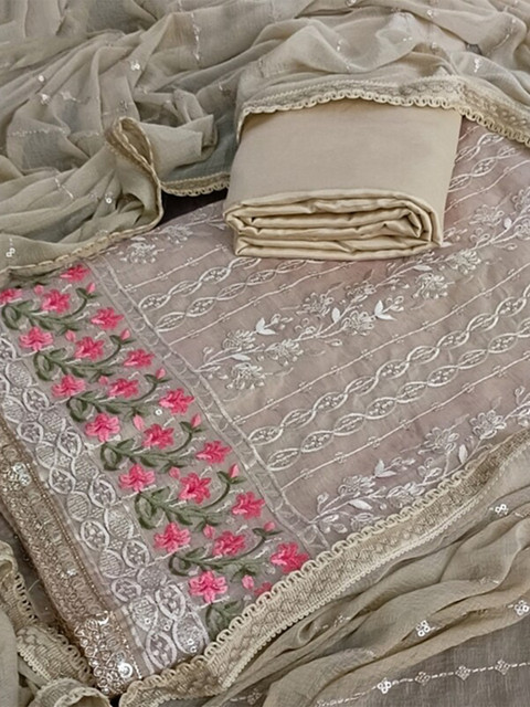 

SALWAR STUDIO Beige & Red Embroidered Unstitched Dress Material