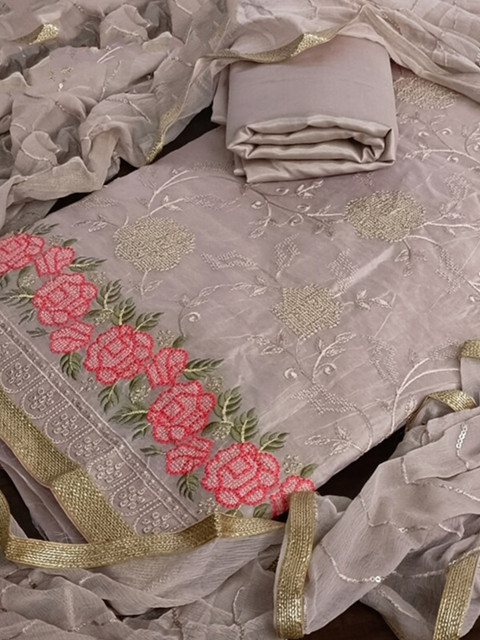 

SALWAR STUDIO Beige & Gold-Toned Embroidered Unstitched Dress Material