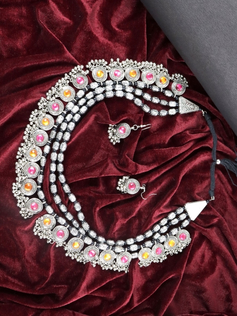 

Krelin Oxidised Brass-Plated Pink & Orange Kundan-Studded & Beaded Jewellery Set