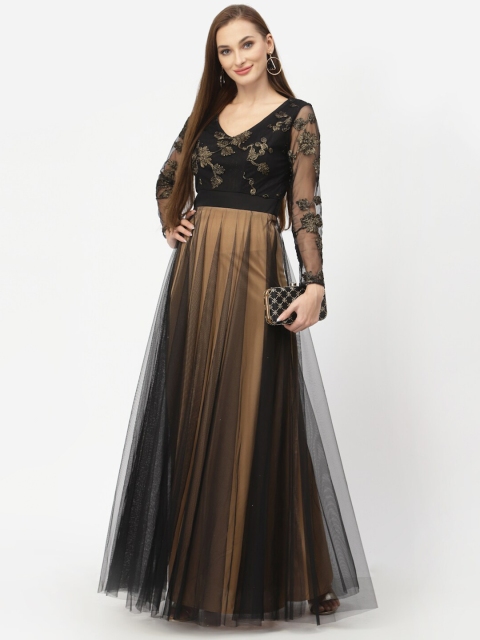 

Just Wow Black & Gold-Toned Floral Embroidered Net Maxi Dress