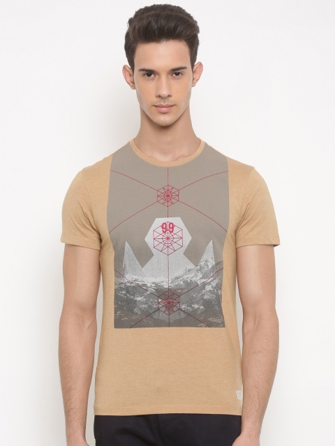 Peter England Casuals Men Mustard Yellow Printed Round Neck T-shirt available at myntra for Rs.440
