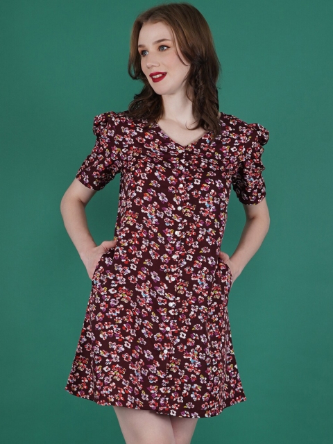 

DESI WOMANIYA Women Burgundy Floral Crepe A-Line Mini Dress