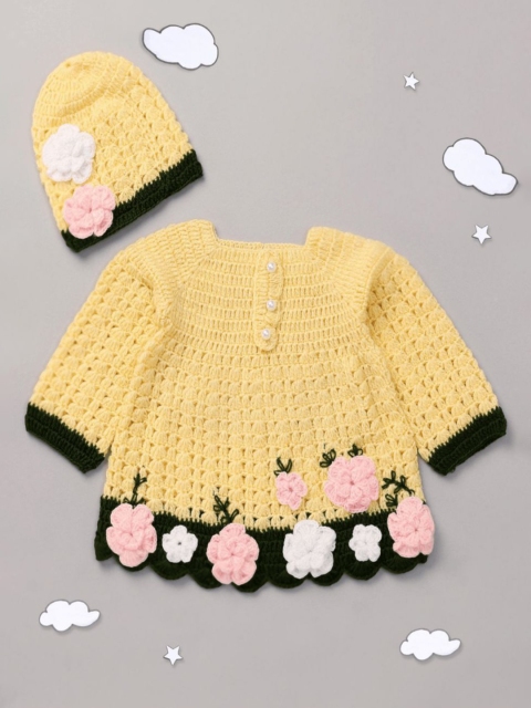 

The Original Knit Girls Yellow Applique A-Line Dress With Beanie