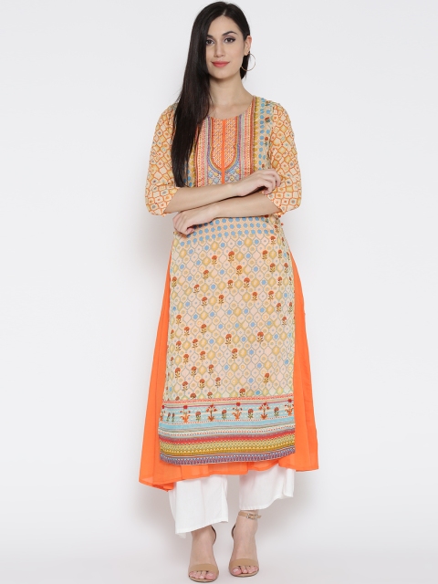 

Rangriti Women Beige & Orange Printed Layered A-Line Kurta